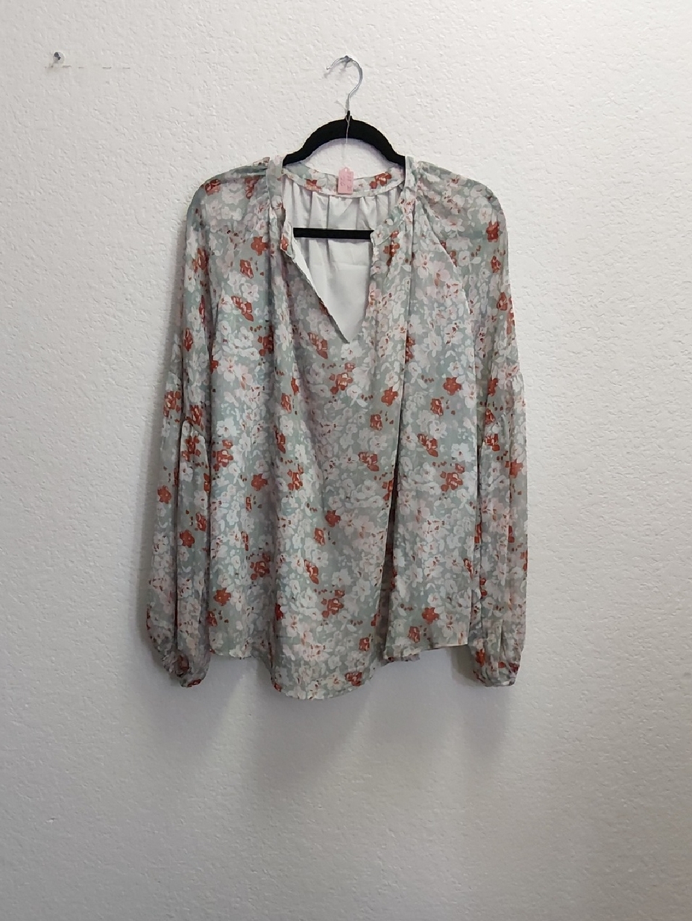 Floral V-Neck Long Sleeve Blouse in Light Green
